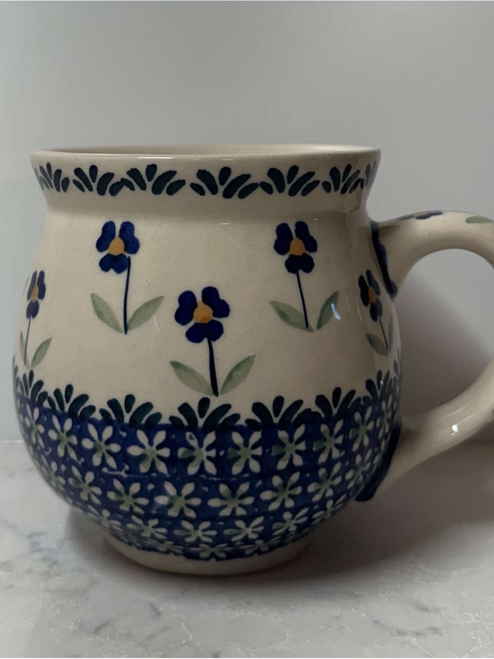 Polish “Forget Me Not” Hand-Painted Floral Ceramic Mug in Cream and Blue